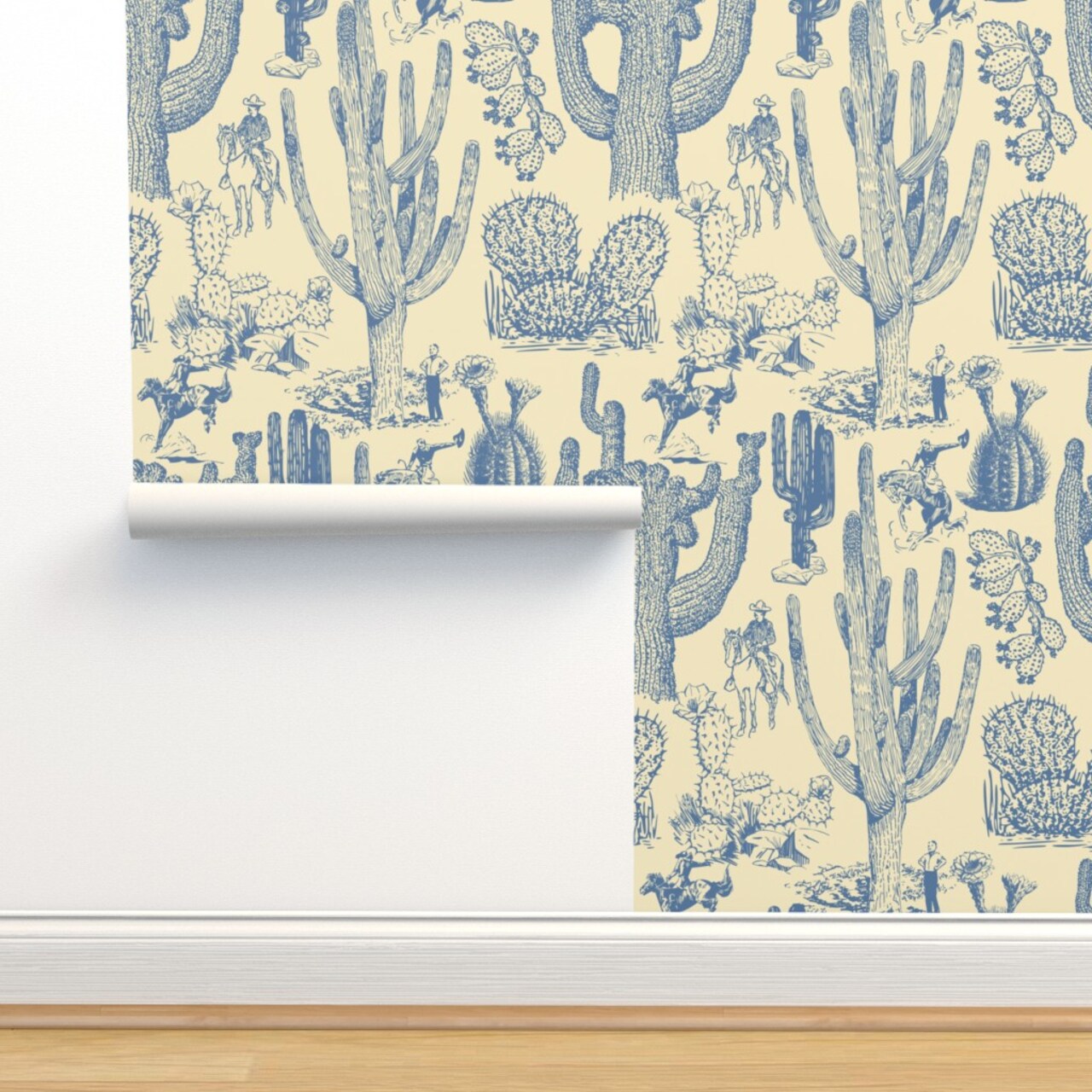 Western Cowboy Cowgirl Toile Cactus Chinoiserie Southwestern Cacti Rustic Custom Removable Wallpaper by Spoonflower Peel & Stick Wallpaper 2FT Wide